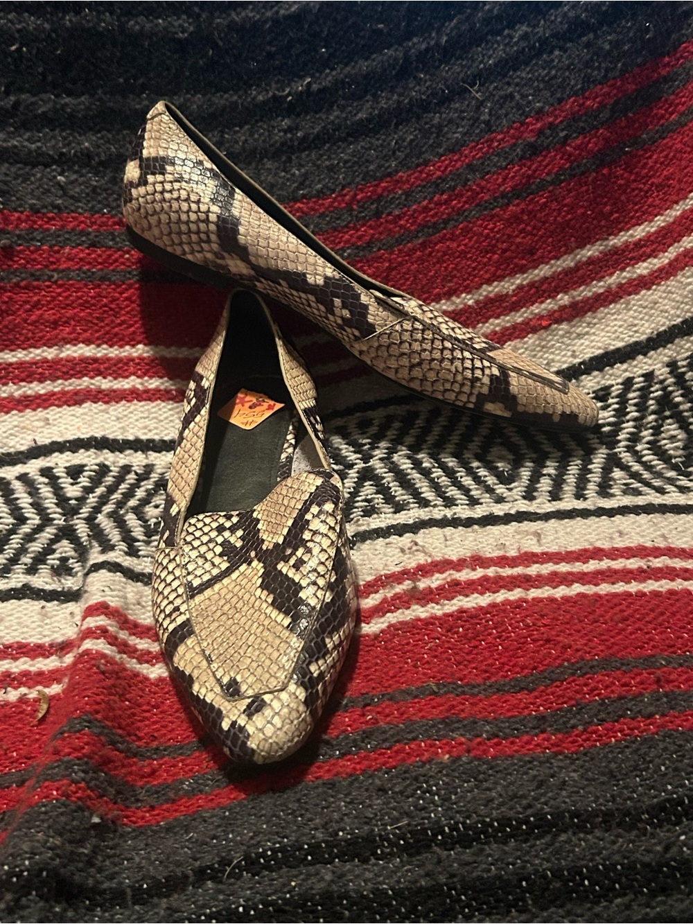 Marc Fisher Snake-Print Pointed Toe Flats in Beige and Black